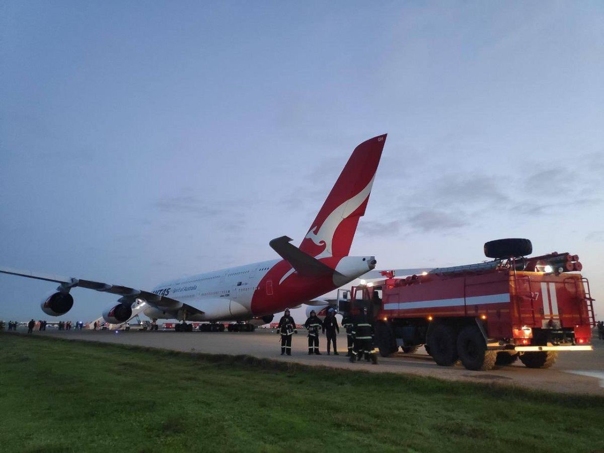 A Qantas Airbus A380 parked at Baku airport in Azerbaijan after an emergency landing.