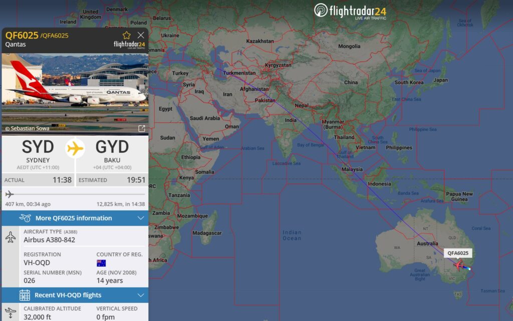 Flight track of Qantas flight from Sydney to Baku, Azerbaijan