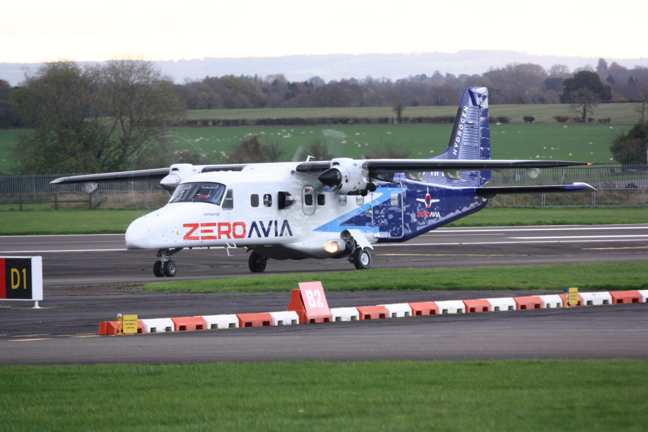 The ZeroAvia Dornier 228 testbed aircraft on the runway.