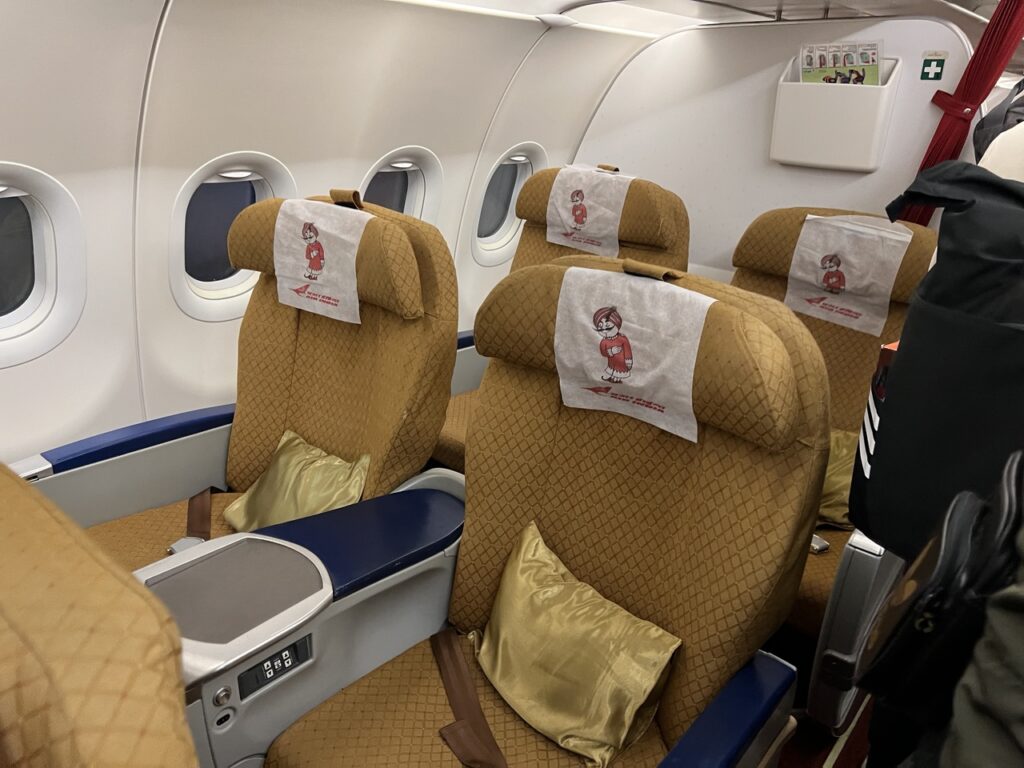 Cabin and seating aboard Air India A321 bound for Delhi.