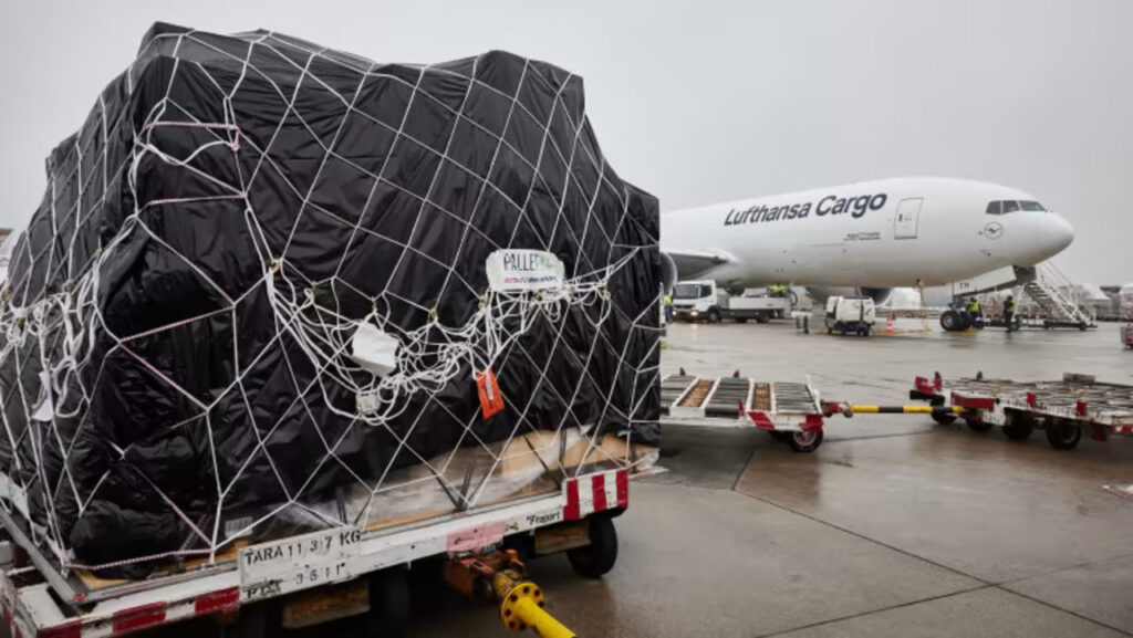 A Lufthansa Cargo aircraft with a pallet secured with lightweight cargo net.