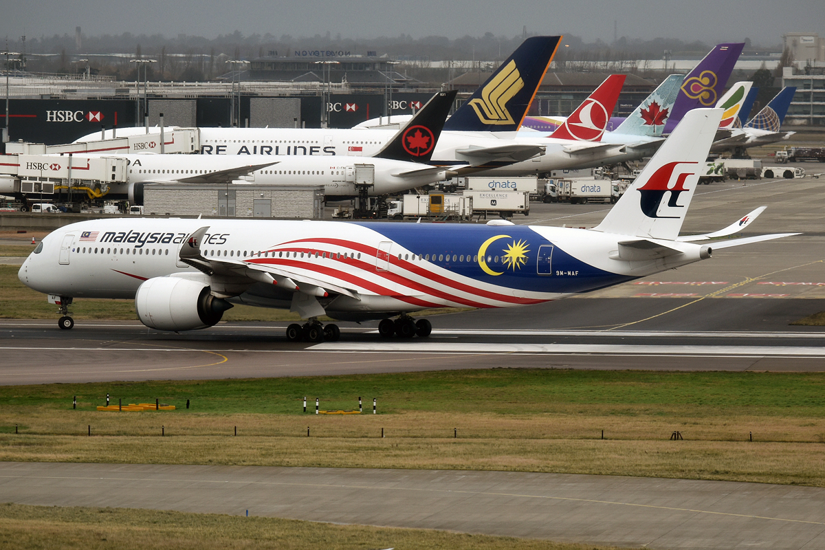 A Malaysia Airlines A350 lines up for takeoff.