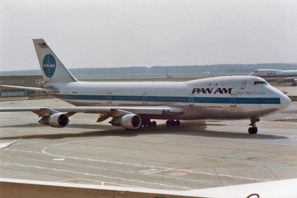 The Pan Am Boeing 747 Clipper on the tarmac.