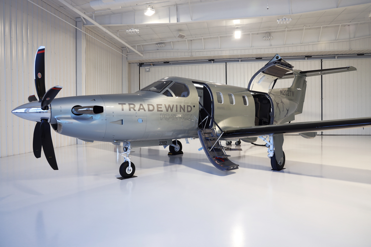 The new Tradewind Aviation Pilatus PC-12 NGX in the hangar.