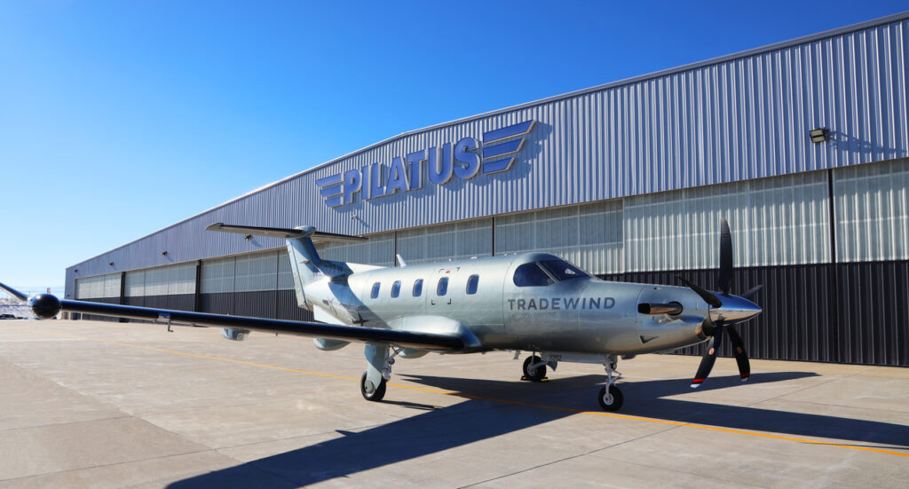The new Tradewind Aviation PC-12 NGX parked in front of the Pilatus hangar in Broomfield, Colorado.