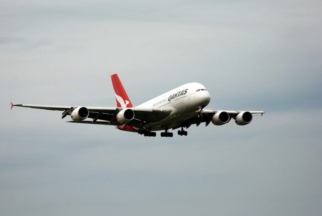 A Qantas A380 on approach to land.