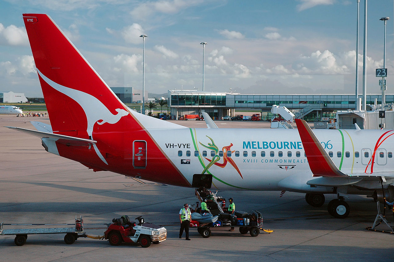 A Qantas Boeing 737 parked at Melbourne Airport.