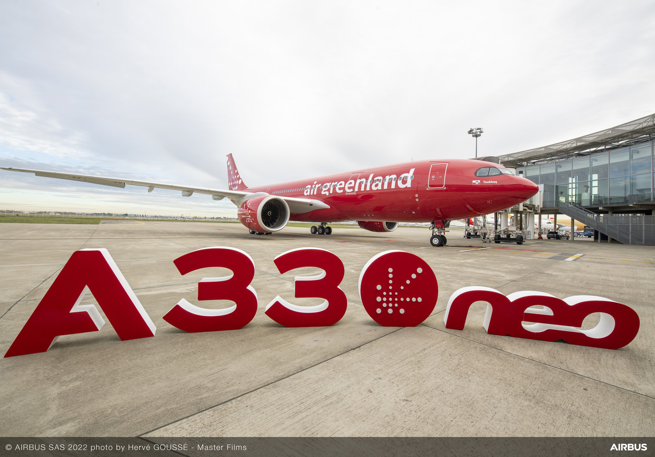 The new Air Greenland Airbus A330neo parked on the tarmac.