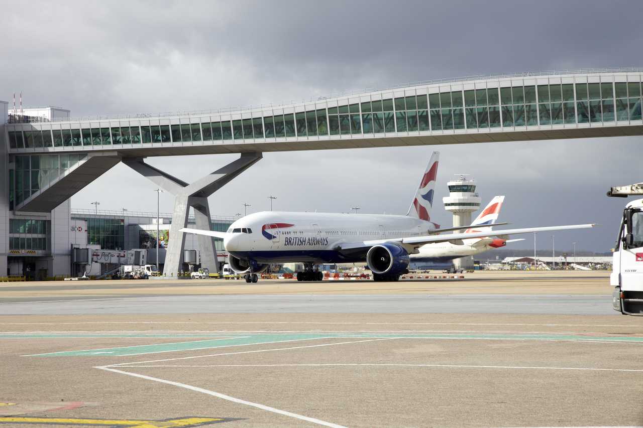 A British Airways flight taxis at London Gatwick Airport