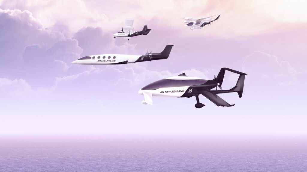 A render of four electric and hybrid powered aircraft selected by Air New Zealand.