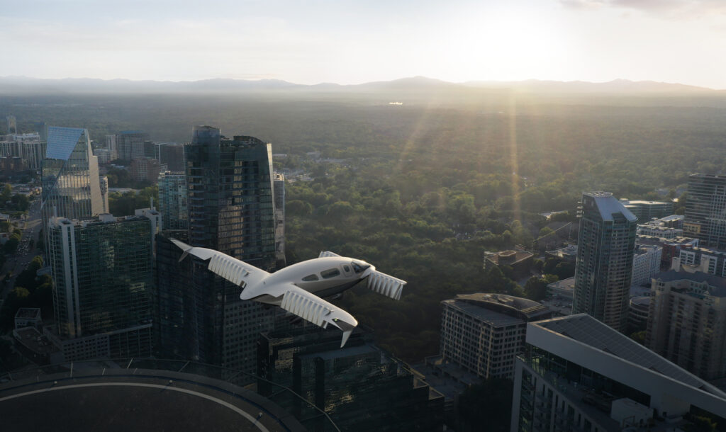 Rener of the Lilium eVTOL jet over a cityscape.