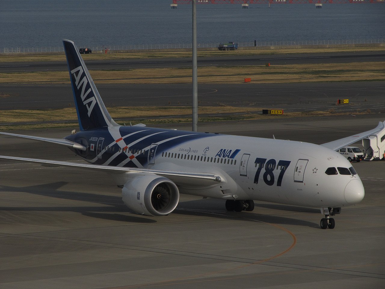 An ANA Boeing 787 Dreamliner at Tokyo Airport.
