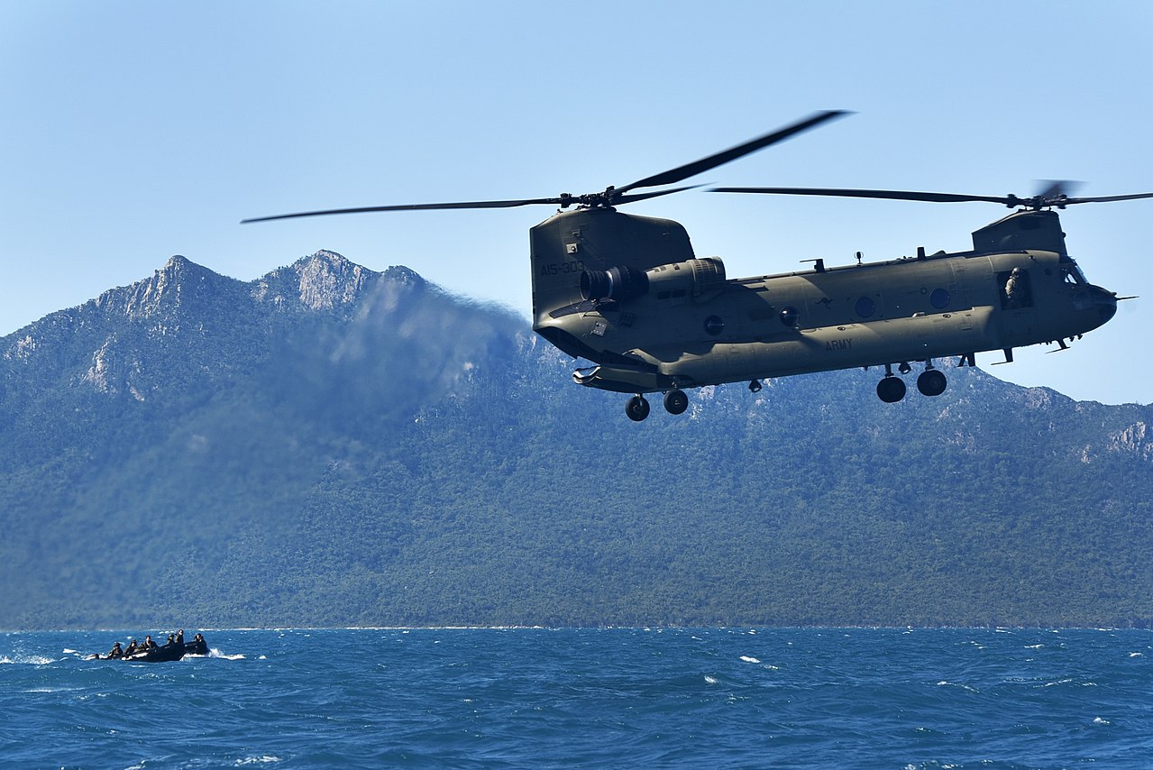 An Australian Army CH-47 Chinook over water.