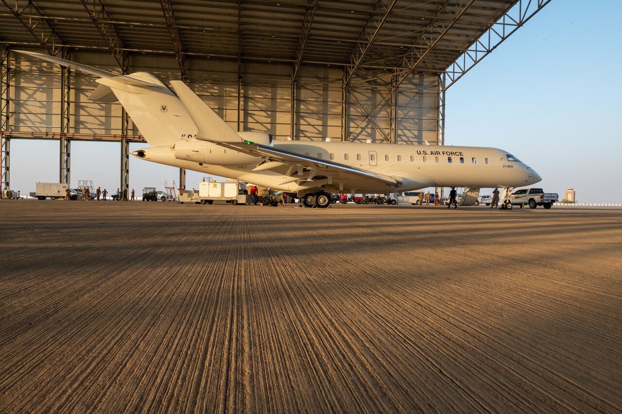 A new U.S. Air Force E-11A BACN aircraft arrives at Prince Sultan Air Base, Kingdom of Saudi Arabia.