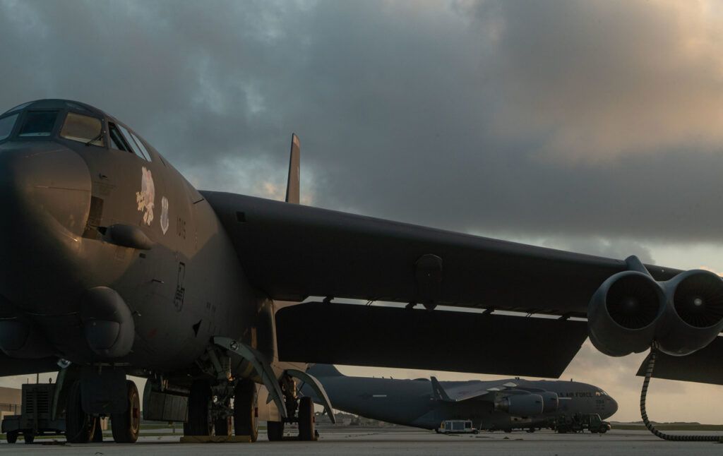 A Barksdale Air Force Base B-52H Stratofortress rests on the flightline at Anderson Air Force Base, Guam.