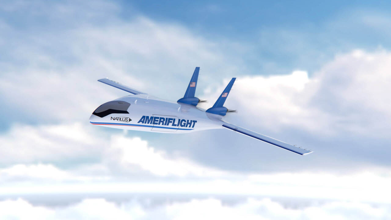Render of an Ameriflight autonomous aircraft in flight.