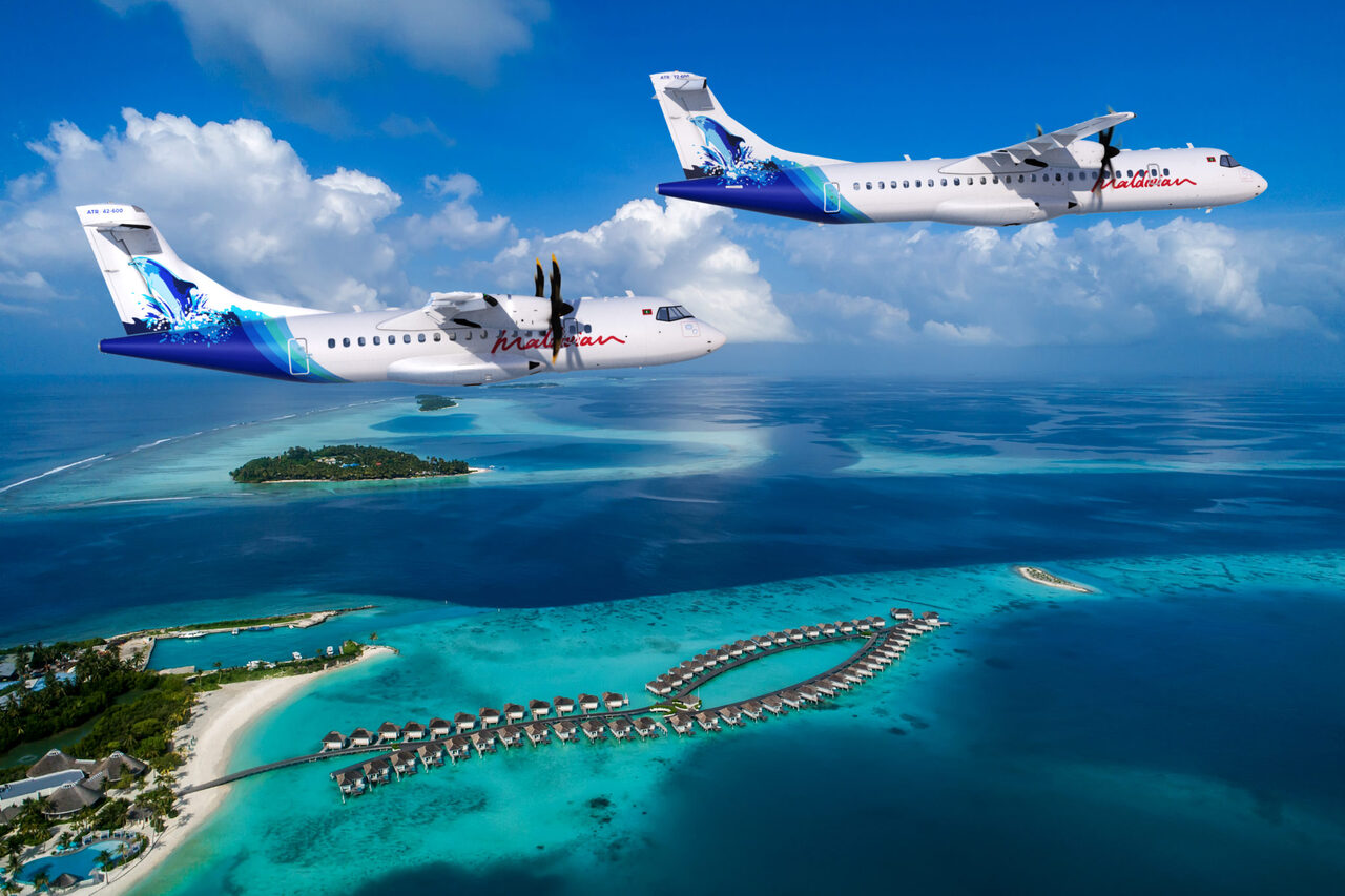 A render of two Maldivian Airlines ATR aircraft in flight.