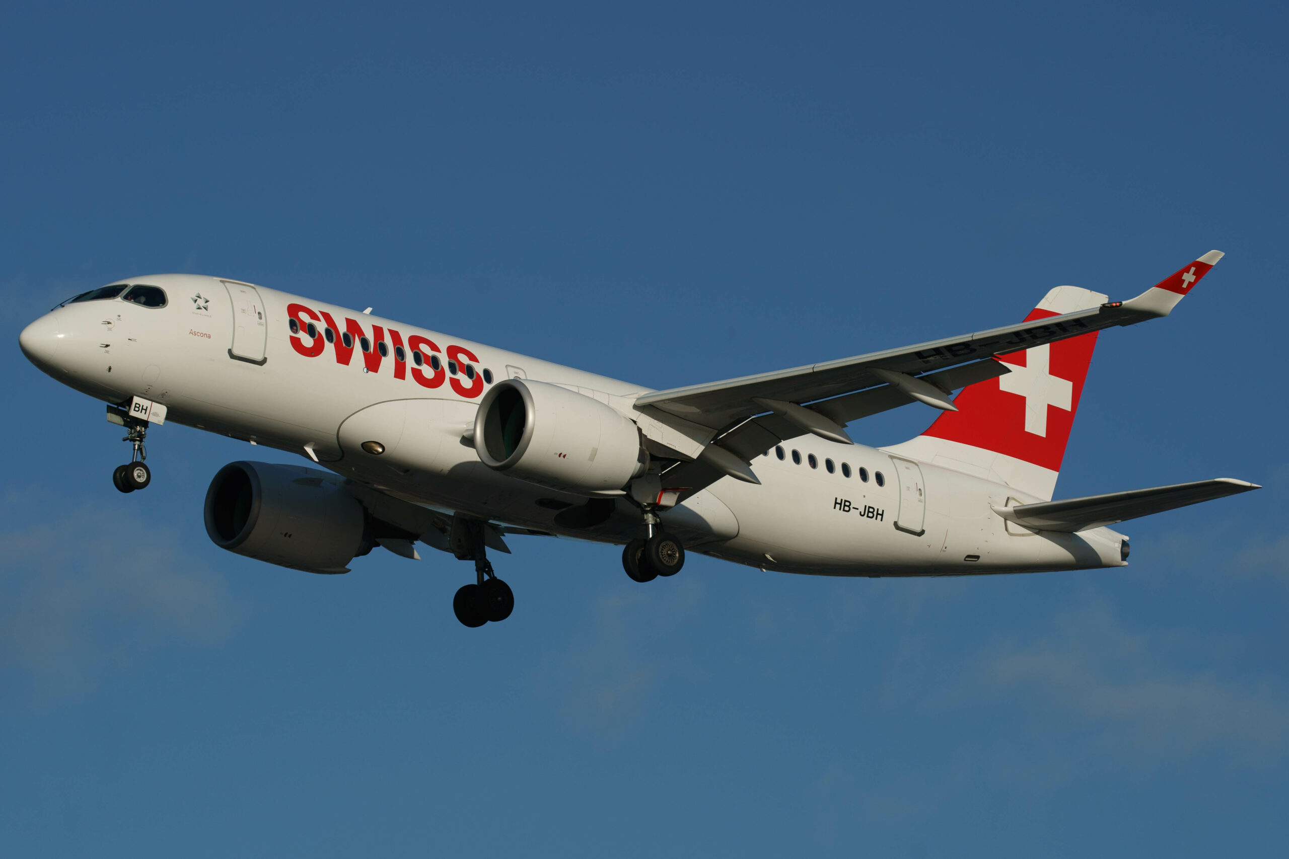 Swiss Airbus A220 landing at Heathrow