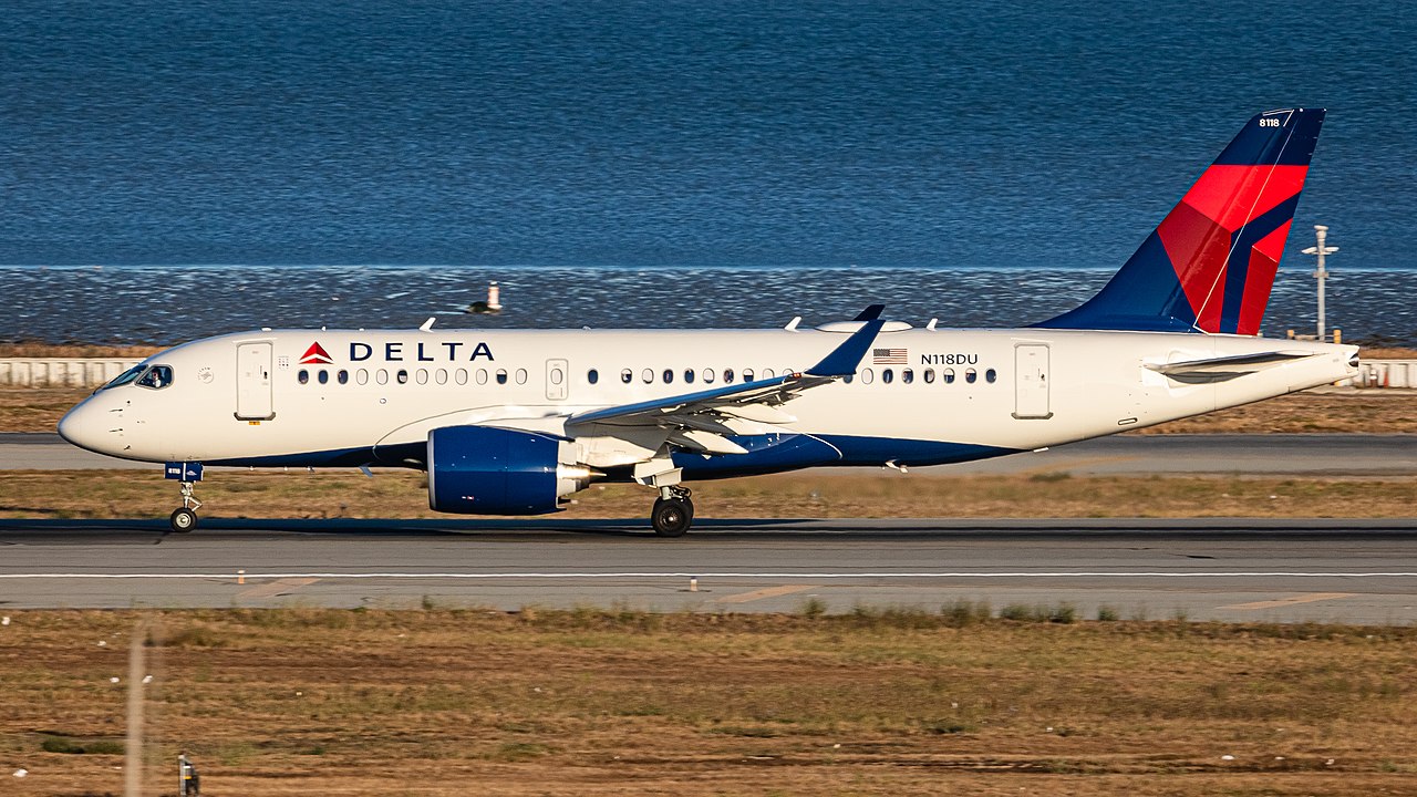 A Delta Air Lines Airbus A220 on the runway.