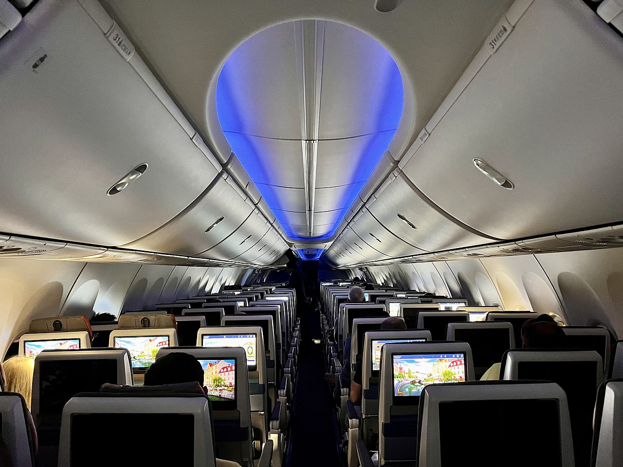 Interior shot of Boeing 737 cabin.