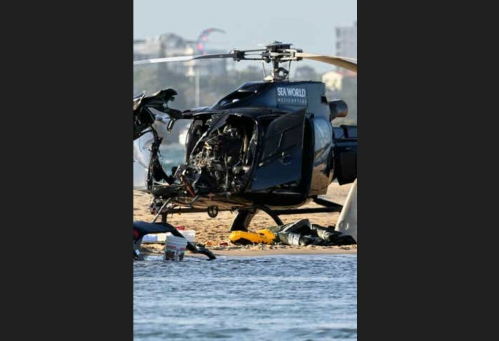 Wreckage of helicopter involved in mid-air collision near Sea World on Queensland Gold Coast.