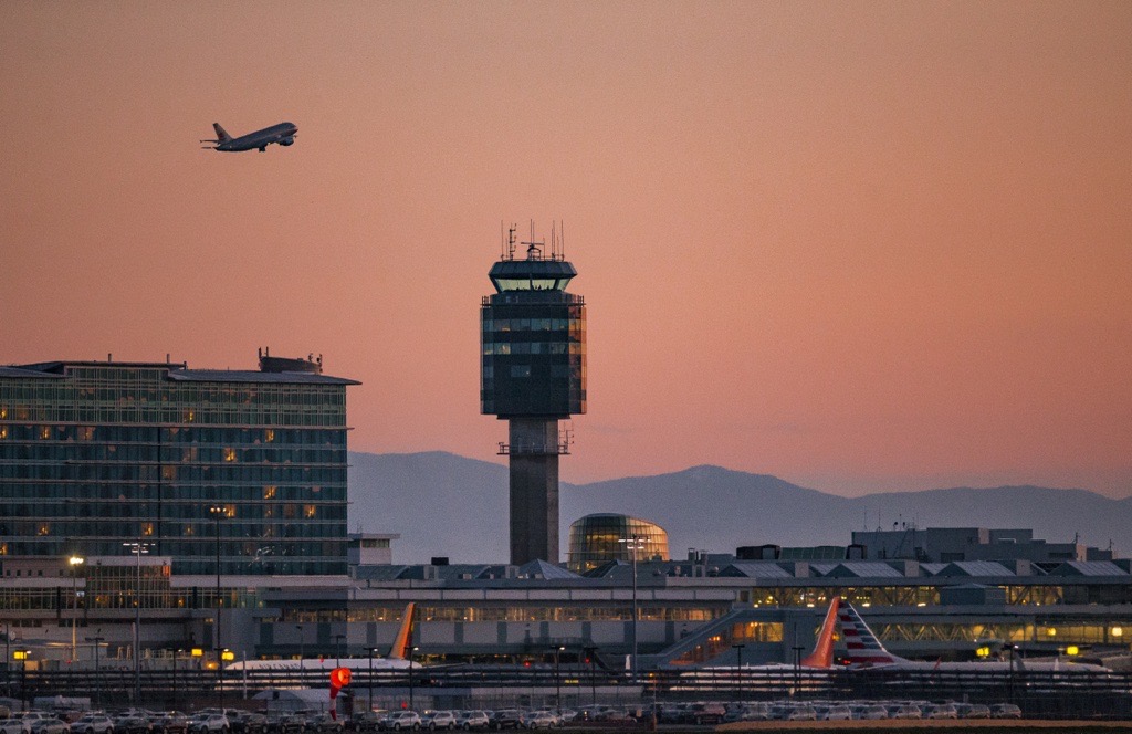 Vancouver International Airport at dusk.