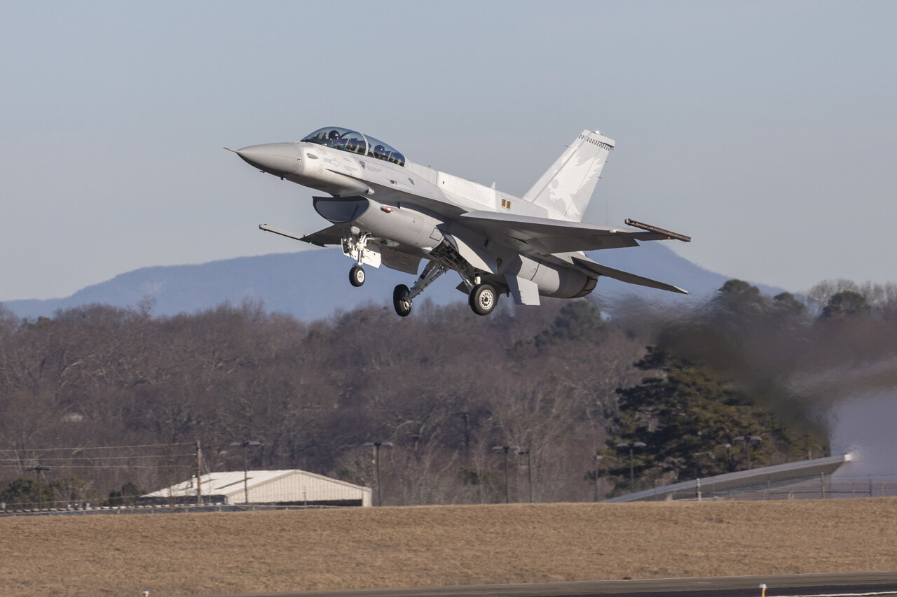 The Lockheed Martin F-16 Block 70 aircraft takes off.