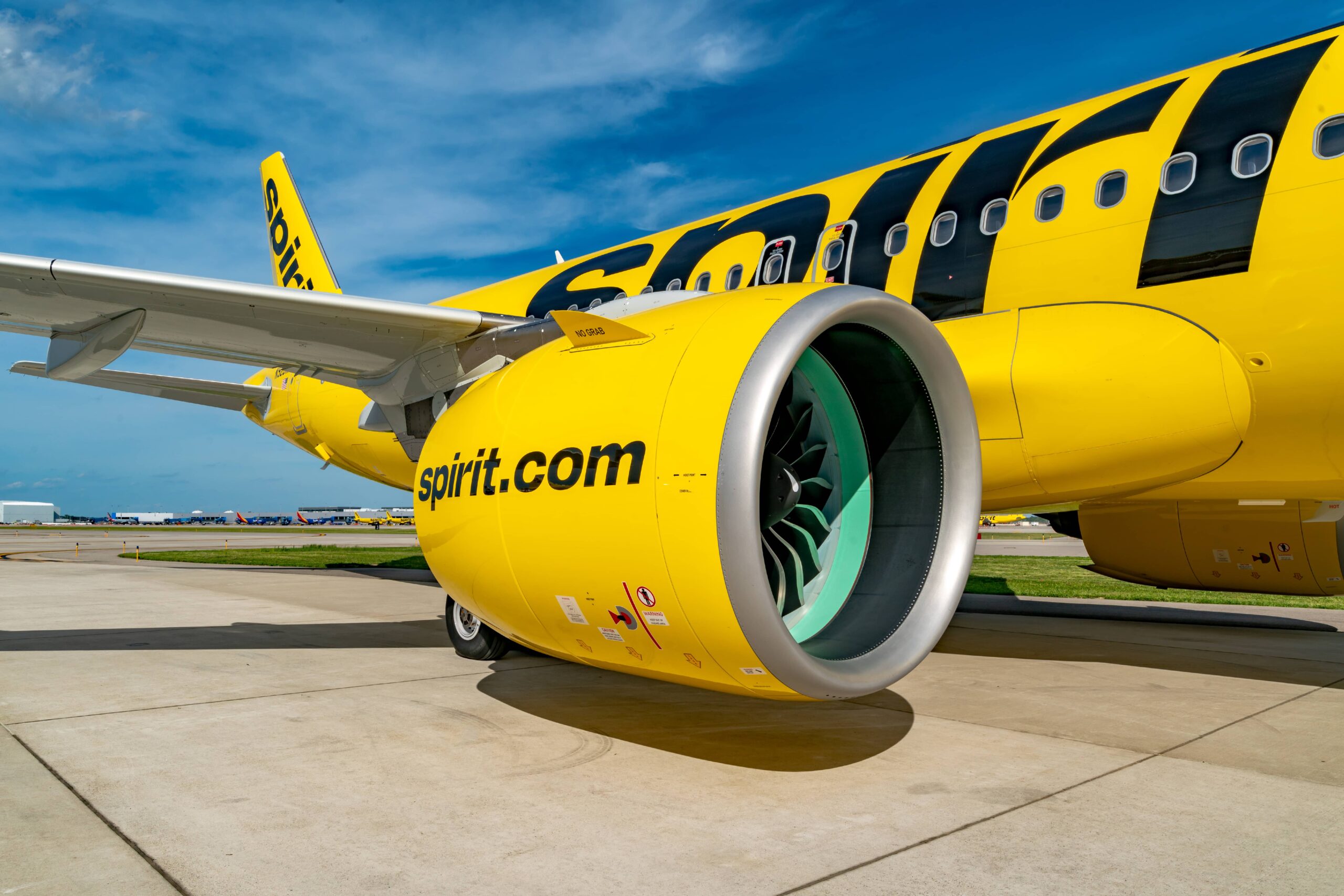 Close-up of a Spirit Airlines jet.