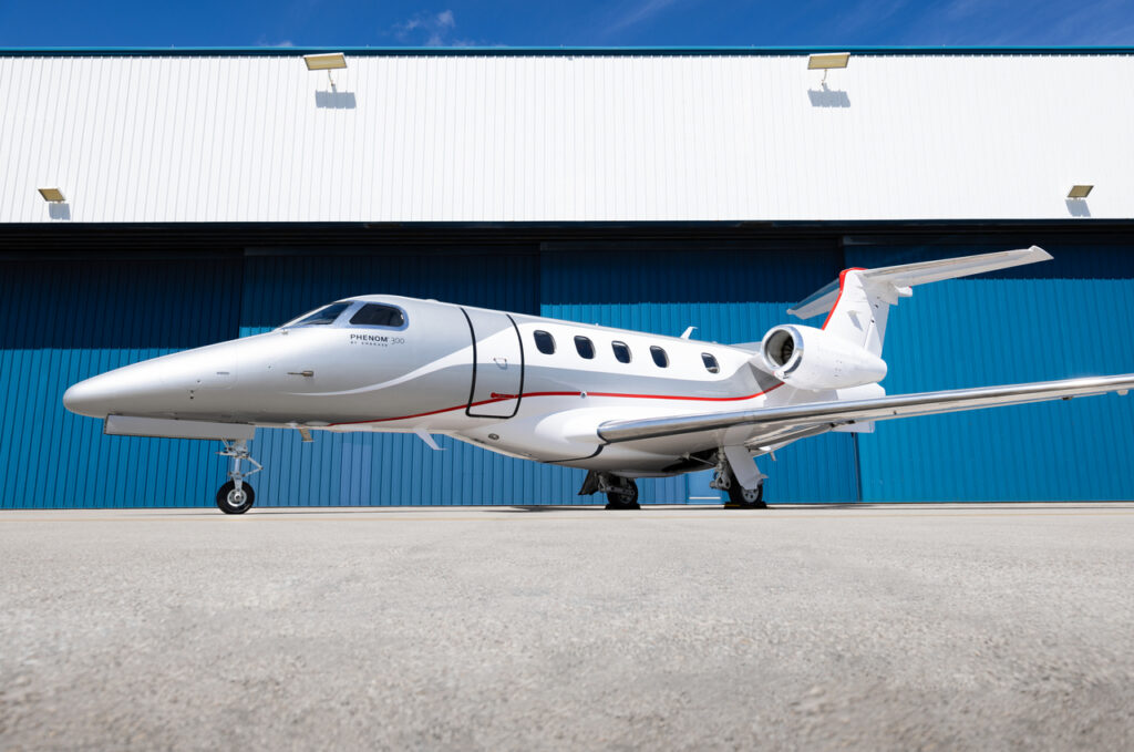 An Embraer Phenom 300MED medevac equipped jet on the tarmac.