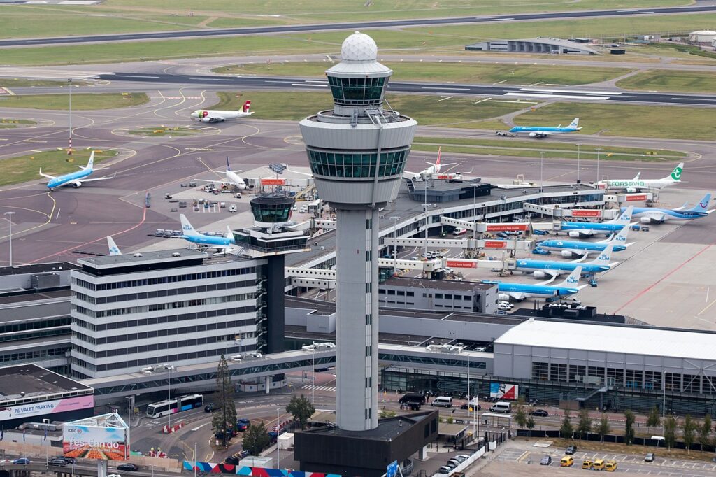 Aerial view of the Tower at Amsterdam Schiphol Airport.