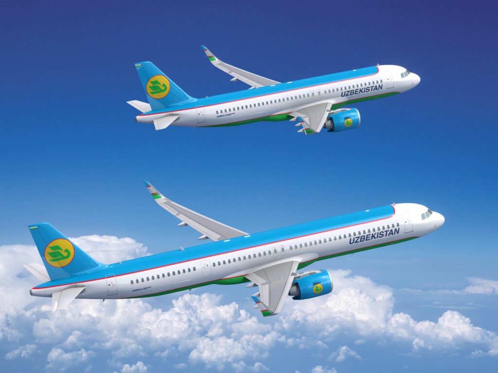 A render of two new Uzbekistan Airbus A320neo aircraft in flight.