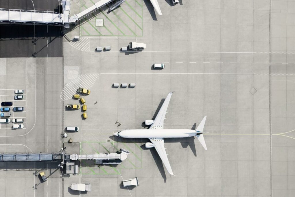 Aerial view of forecourt at Amsterdam Schiphol Airport.
