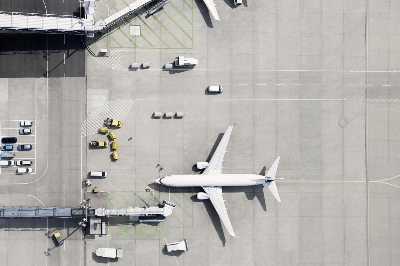 Aerial view of forecourt at Amsterdam Schiphol Airport.