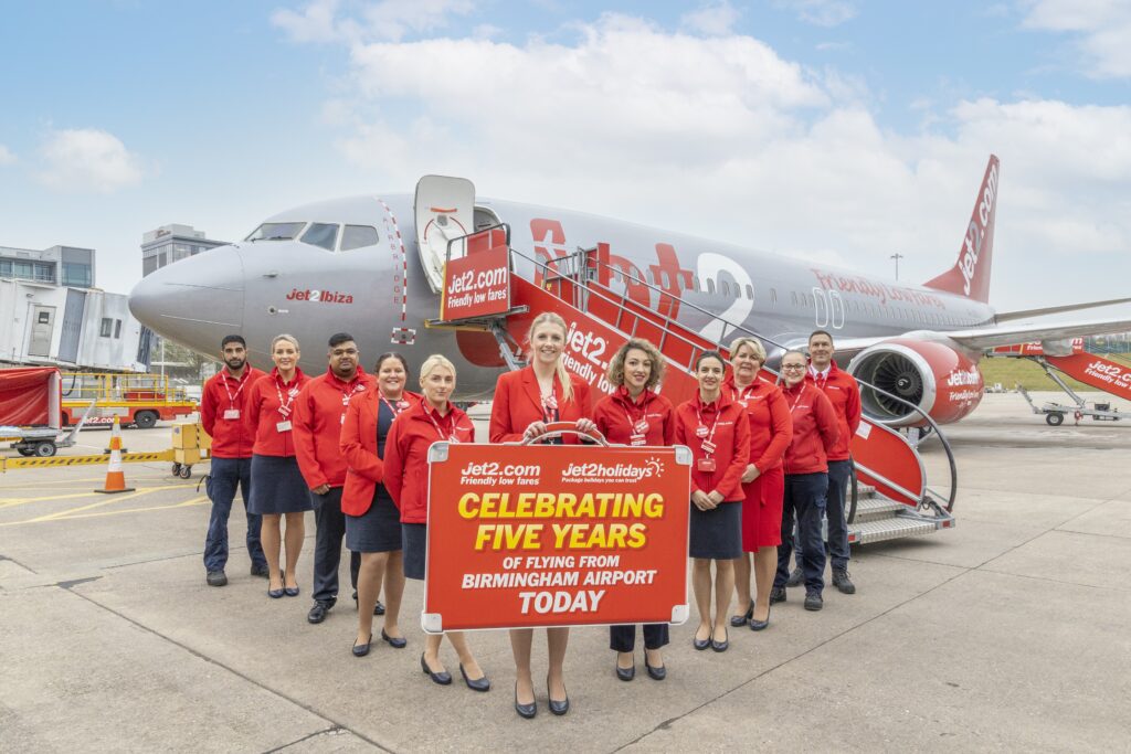 Jet2 staff celebrate 5 years of operation at Birmingham Airport.