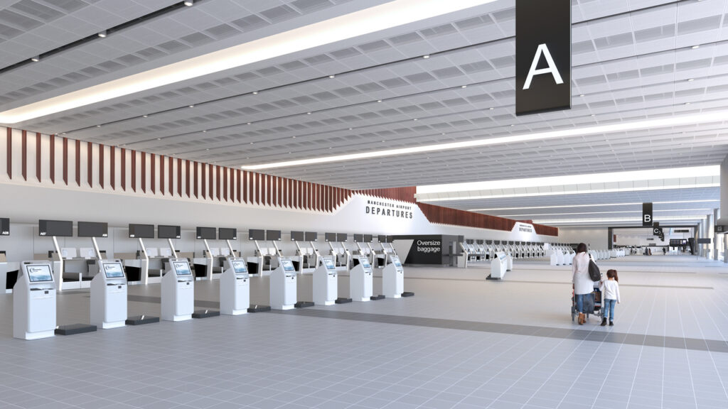 Render of the new Manchester Airport Terminal 2 Departures hall.