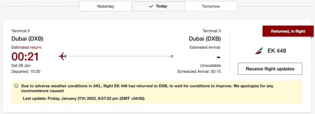 Emirates flight EK448's flight status on the Emirates website. 