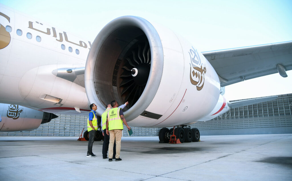 Emirates GE90 engine is inspected after being ground run on 100% sustainable aviation fuel (SAF)