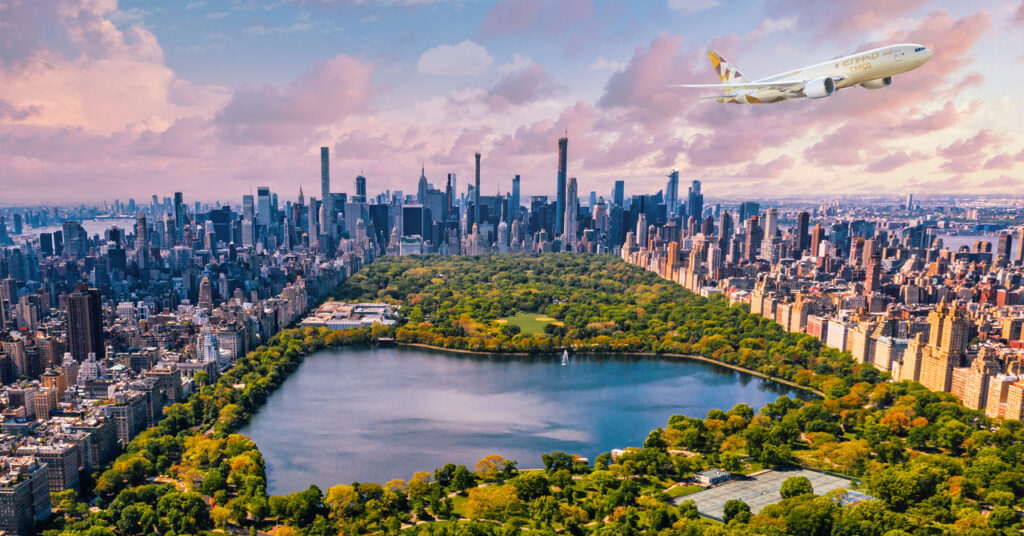 render of an Etihad Cargo aircraft over New York.