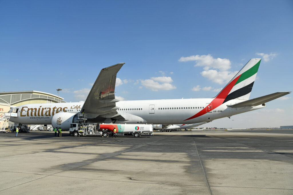 An Emirates Boeing 777 being fuelled with sustainable aviation fuel (SAF)