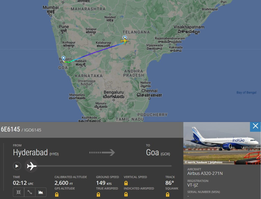 IndiGo flight track from Hyderabad to Goa Manohar International Airport.