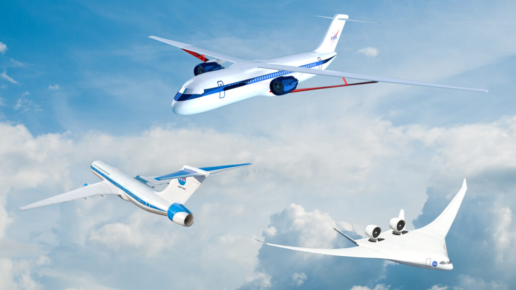 A NASA render of sustainable aviation aircraft types.