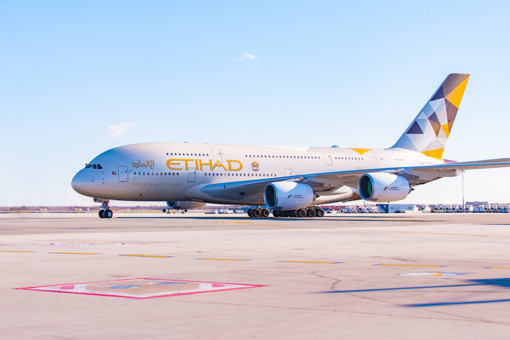 An Etihad Airways A380 on the tarmac.