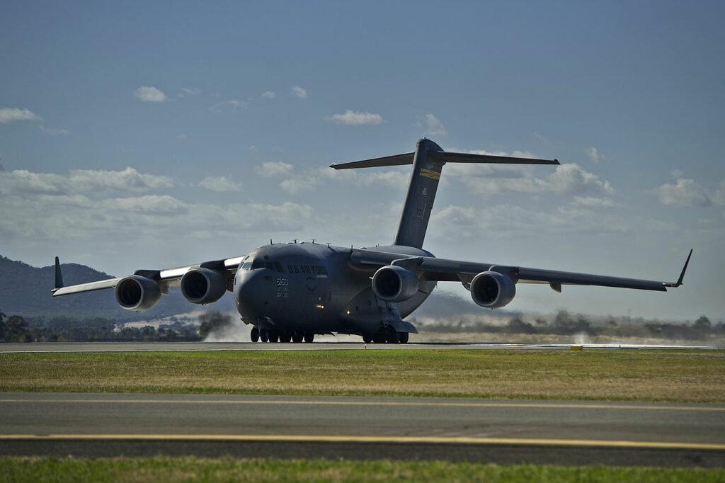 A USAF C-17 Globemaster prepares for takeoff at the Avalon Airshow.