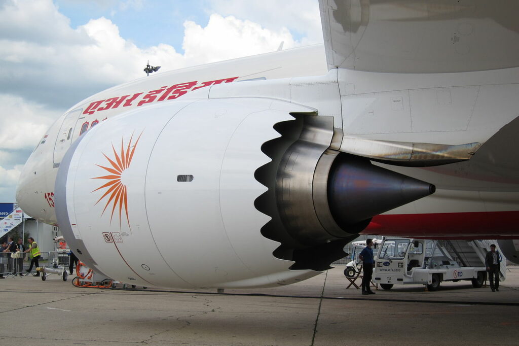 Close up of engine of Air India Boeing 787 Dreamliner.