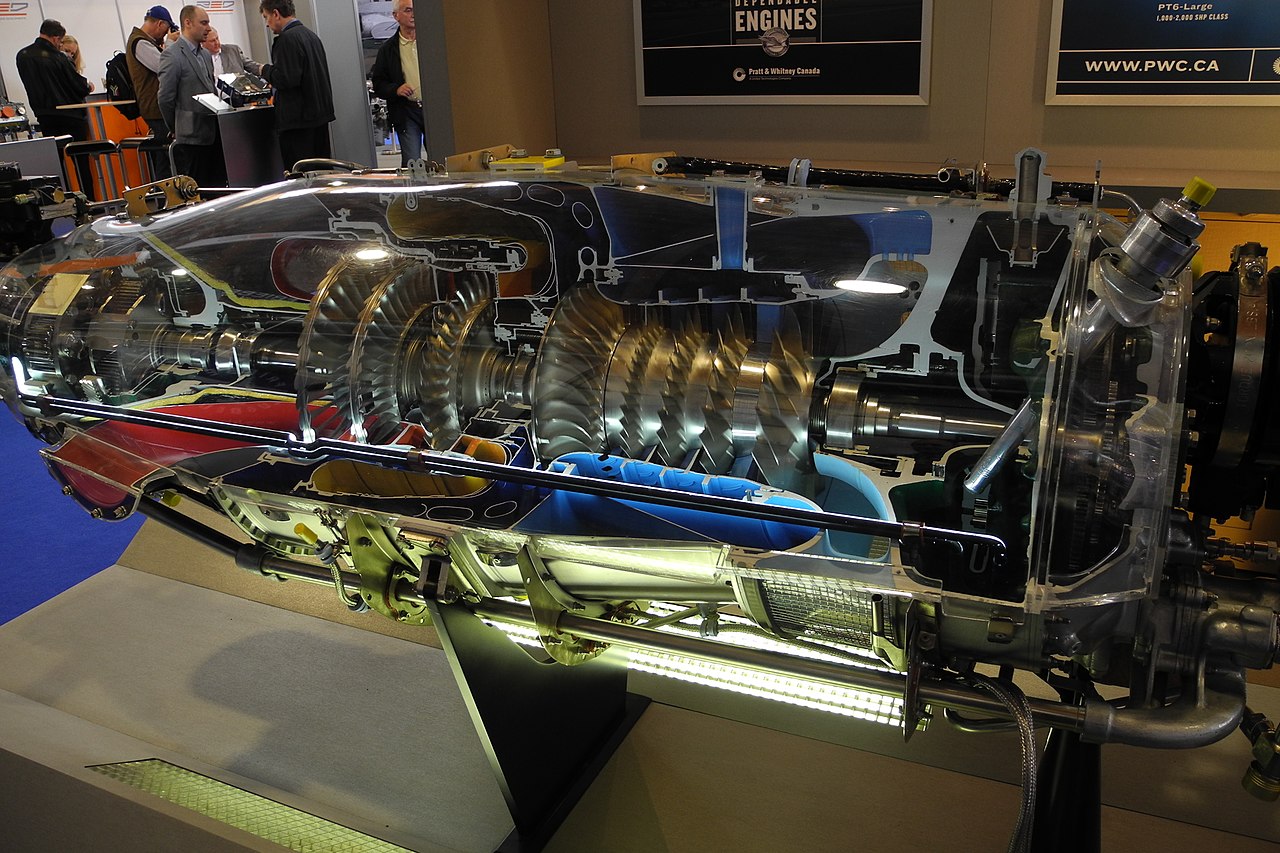 A Pratt & Whitney PT6 engine cutaway model.