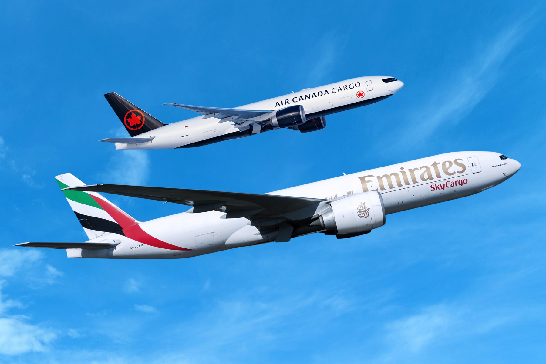 Render of an Air Canada Cargo and Emirates SkyCargo aircraft flying together.