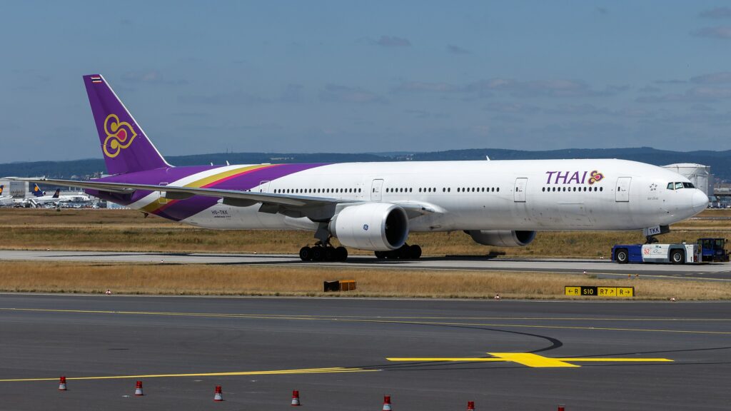 A Thai Airways Boeing 777 on the taxiway.