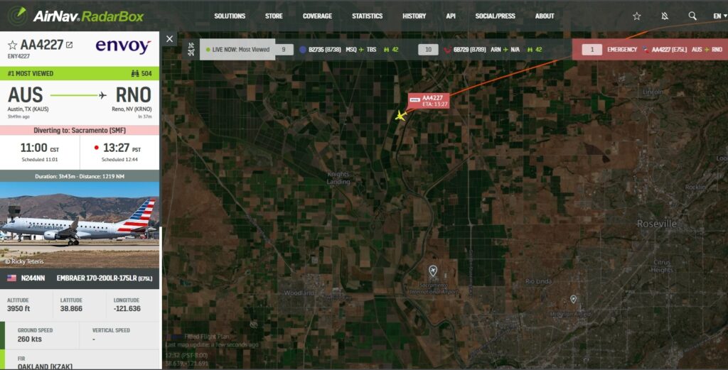 Envoy Air Embraer E170 operating AA4227 diverted to Sacramento Airport. 
