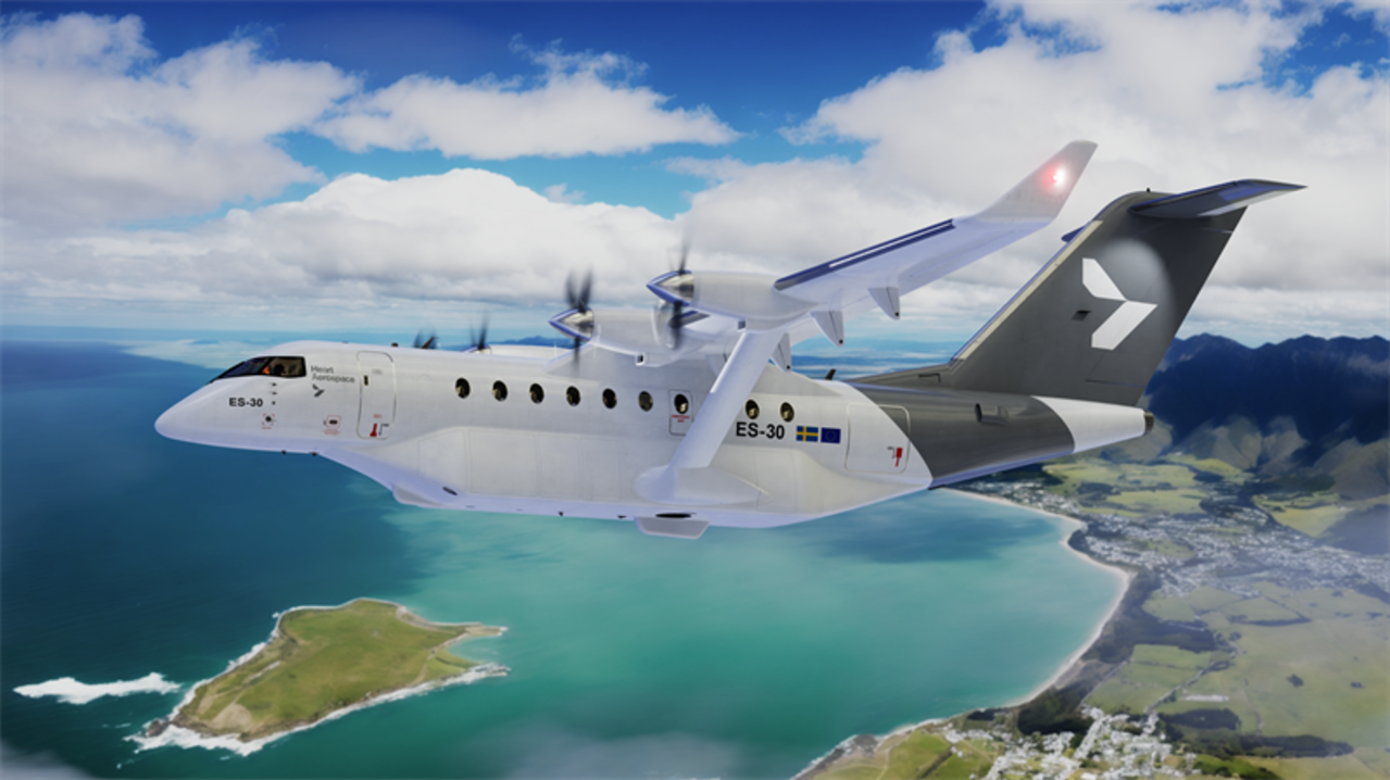 Render of a Heart Aerospace electric aircraft in flight.