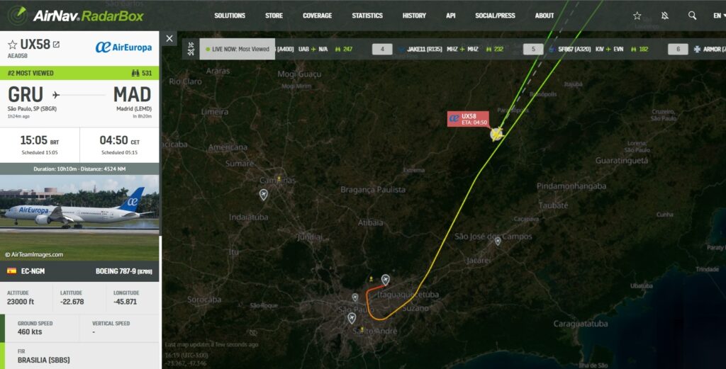 Air Europa Boeing 787 Dreamliner returns back to Sao Paulo. 